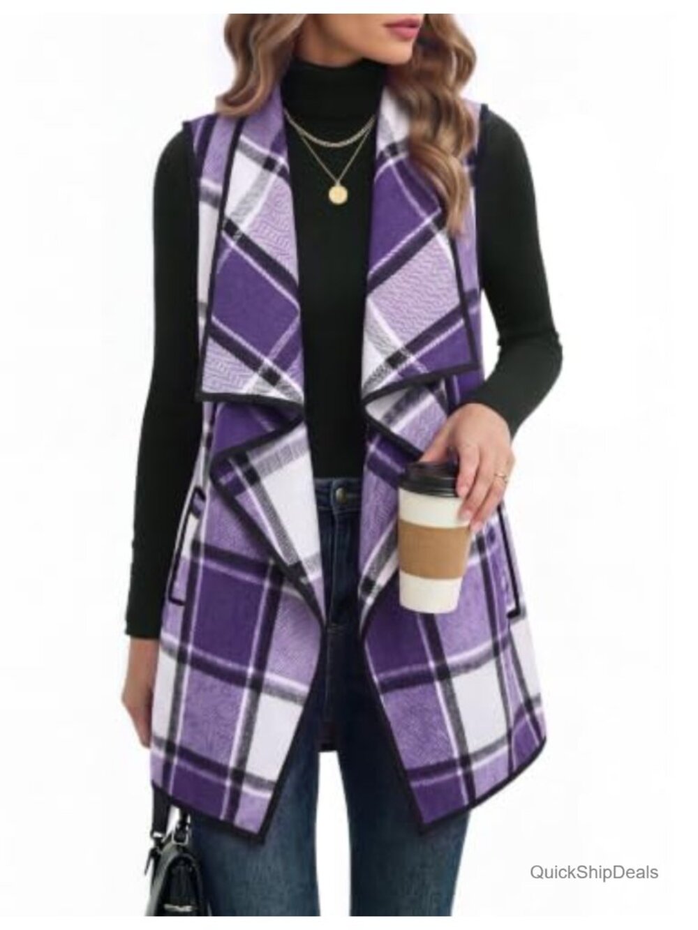 Womens Plaid Sleeveless Long Vest Jacket with Pockets Flannel Shacket
